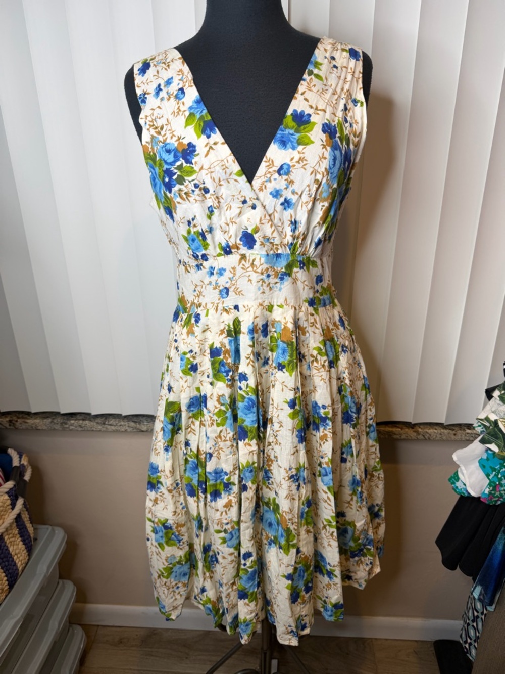 Aryeh Cream Midi Dress with Blue and Green Floral Print